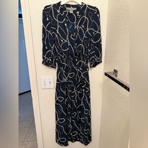 Chic Navy Chain Print Long Sleeve Dress